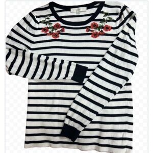 Loft Long Sleeve Black & White Striped Flower Embroidery Cotton Sweater Size S